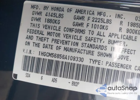 2006 Honda Accord 2.4 Ex из США, поврежденный, VIN 1HGCM56856A109330